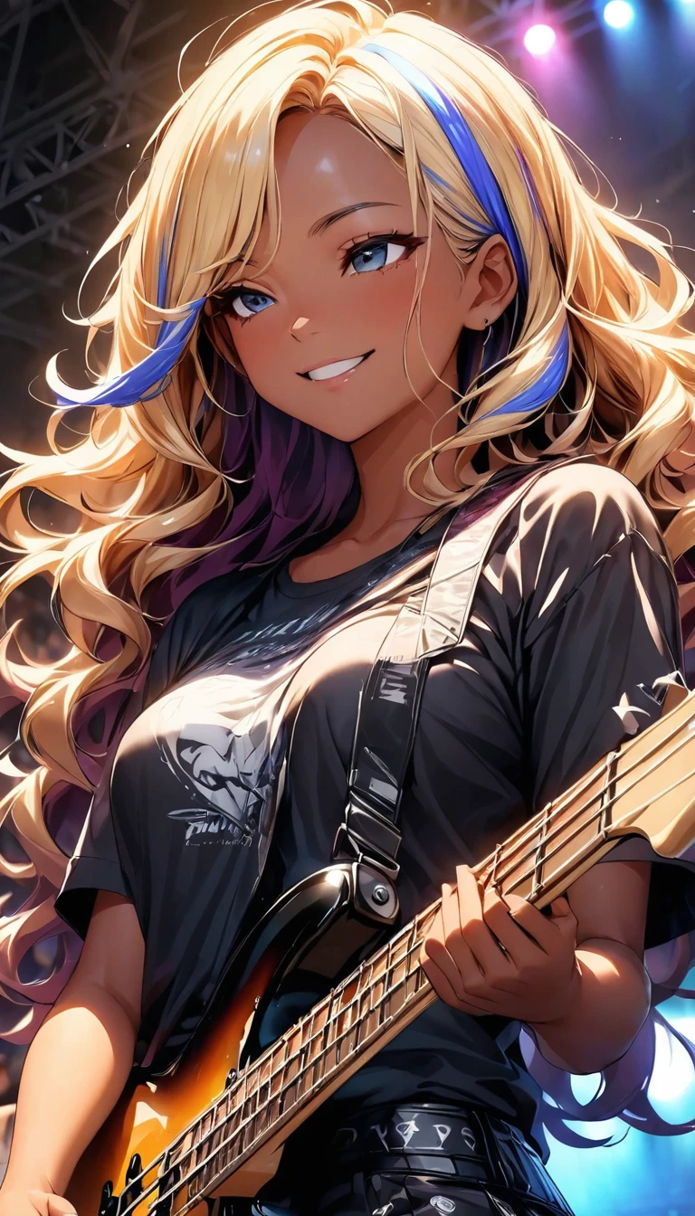 (highest quality:1.2, Very detailed, up to date, Vibrant, Ultra-high resolution, High Contrast, masterpiece:1.2, highest quality, Best aesthetics), Portraiture、girl、slim, stage、performance、Rock Music、Bright colors、Beautiful fine details、Beautiful lip detail、extra short hair, ((wavy hair:1.3))、messy hair, blonde and blue ((streaked hair:1.5)), highlights hair: 1.3, medium breast, (tan skin:1.3), Music band、Cheerful pose、Concert Light、Edgy Style、black tank top、Dynamic Movement、hypnotic sounds、Stadium、amplifier、Loud music、Electric bass、((playing bass:1.3)), Fender bass, Passionate performance、Concert atmosphere、Music Festival、Full of emotion、Rock star attitude、Resolute expression、Avid Fan、Expressive gestures、 look far away, smile, (upper body),