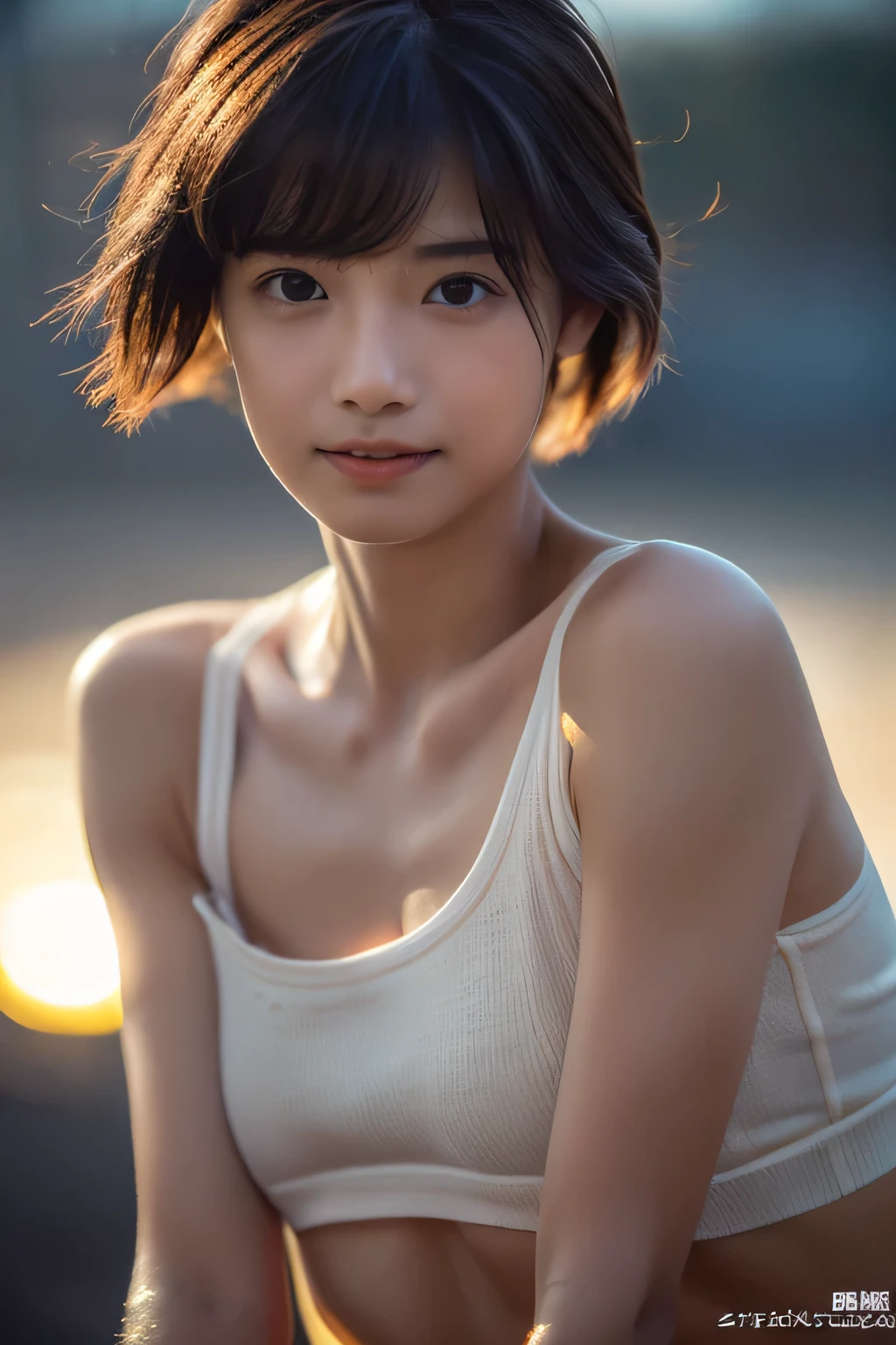 (Hyper Reality: 1.35), (Realistic: 1.4), A beautiful Japanese woman, smile, alone. (((No makeup))), masterpiece, 最high quality, high quality, alone, Very good, puberty, Only one girl, Well-trained slim body, muscular, slim body, breasts apart, extra large brasts, (最high quality)),((Very delicate and beautiful)),((Very shallow depth of field)), ((Incredibly shallow depth of field)). family friendly, ((Very delicate and beautiful)), (((Very shallow depth of field))), (((Unbelievably absurd))), dark brown hair, blowing boyish bob hair, shag messy hair, wolf cut, big hair, windで揺れる髪, Slim body type, ((( Camera Eye)))), (((small ))), Looks like a salon model, Cool face, Neutral facial features,(ecstasy:1.3) ,(slut:1.2),(vulgarity:1.3),(fucked silly:1.1),(steam:1.1),(Wet:0.8),(trembling:0.8),(tears:0.7) ,(drooling:0.6),(sweat:0.8),open mouth,  poor, my + background, Dynamic Angle, Focus on women, {Particles of light}, Detailed background, Soft lighting, (dramatic), sunset, very beautiful sunset, Live Action, Realistic, (blurred background), ((())), (((wind))), ((Movement)), ((emotion)), ((colorful)), ((Baby Face)), Wither, sea background, high neck, Sleeveless, turtleneck, (((whole body))), (((knees))), walking, sports bra,