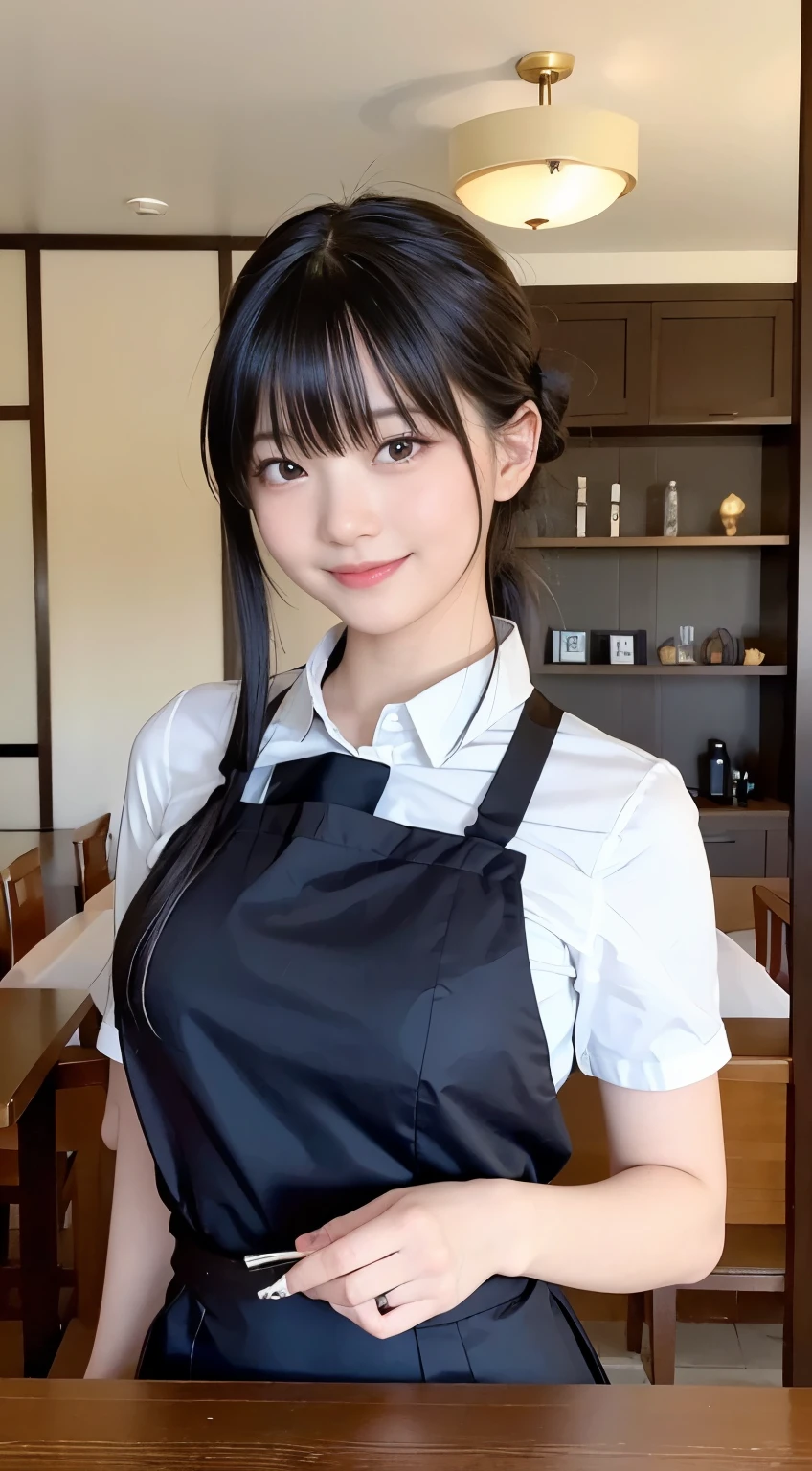 (Highest quality,masterpiece:1.3,Ultra-high resolution,),(Very detailed,Caustics),(Realistic:1.4,RAW shooting,)Ultra-Realistic Capture,Very detailed,High resolution 16K human skin closeup。 Natural skin texture、,pores、、、、It must be detailed enough to be easily identifiable。 Skin tone is even and healthy looking。 Use natural light and colour,restaurant,Waitress Uniform,1 girl,Japanese,18-year-old,cute,Black-haired,ponytail,Big Breasts,smile,Turn your body forward,(Front view:1.1),Looking into the camera,Cowboy Shot,