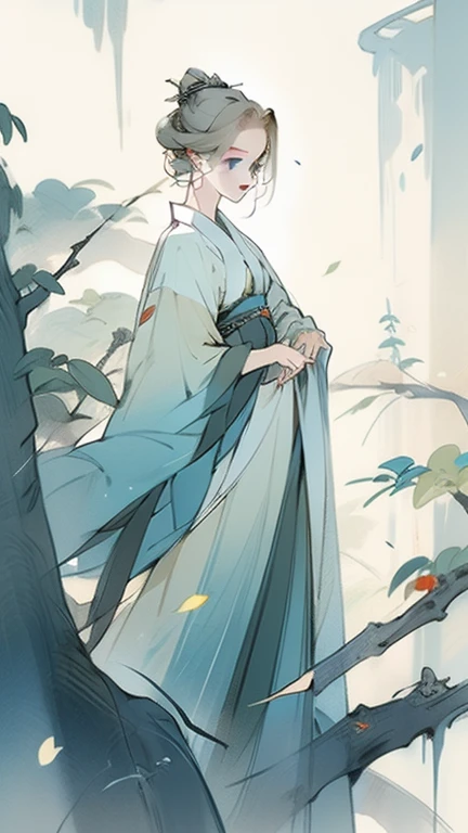 (masterpiece, Highest quality) detailed, wear black tights, Silver Accessories ,blonde ,elegant, Gentle ears，blue eyes,Short Hair,Want，Hanfu，