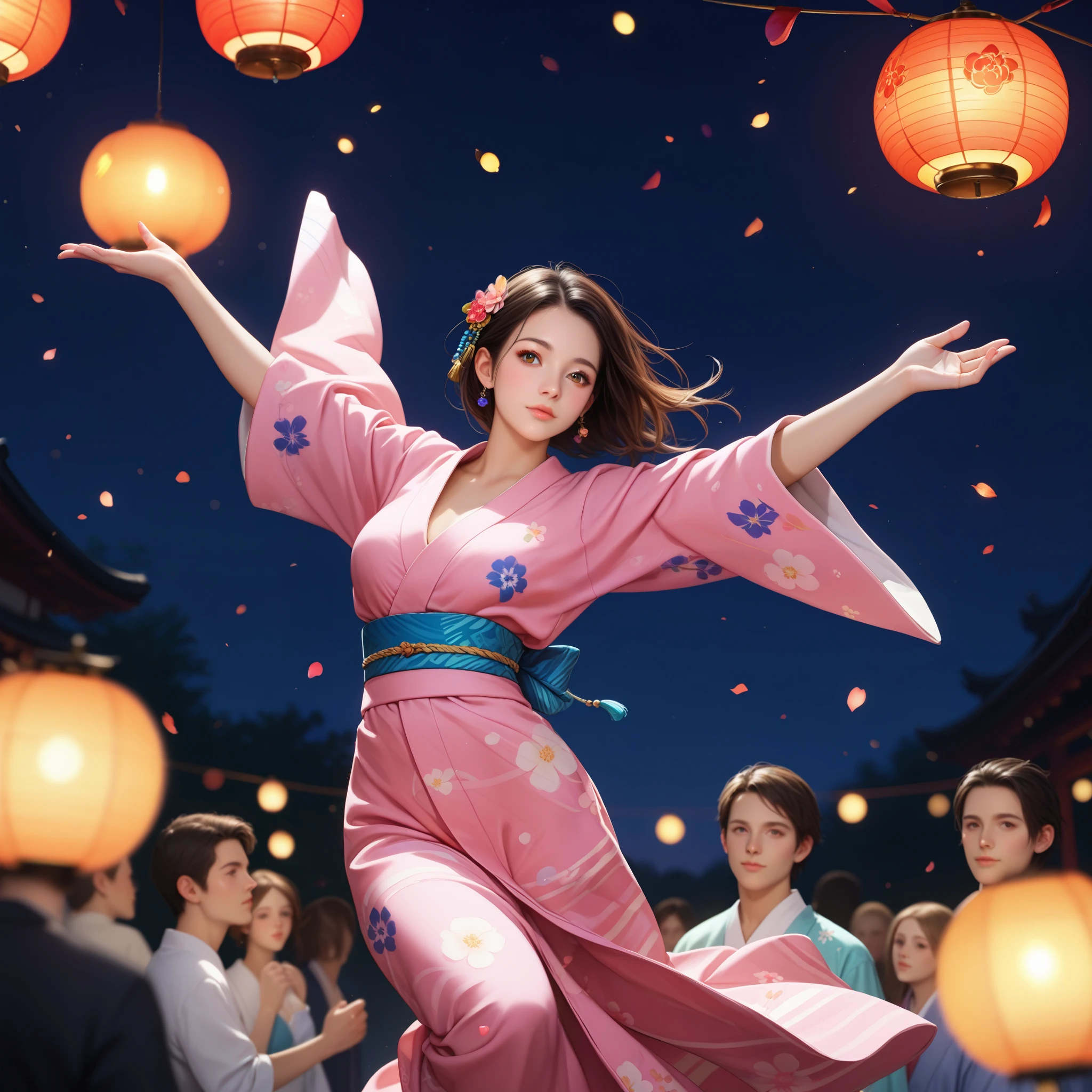 score_9, score_8_up, score_7_up, score_6_up, score_5_up, score_4_up, best quality, masterpiece, (detailed eye), 1girl, Japanese girl, BREAK
Brown eyes, Bon dance, dancing with hands raised lightly, yukata, uchiwa, night, large square, circle formed by people dancing, lanterns hanging overhead.