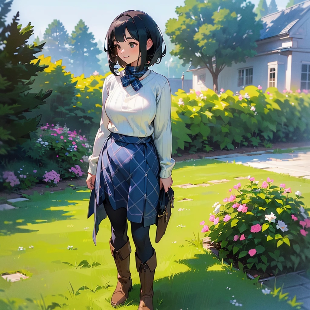 (high quality, High resolution, Super detailed, Realistic:1.37), Peaceful atmosphere, (Outdoor, garden), Teenage girl standing alone, (my breasts are big.), Beautifully detailed features, Cute Smile, (Black bob hair), Ribbed sweater, Blue plaid skirt, black tights, Brown boots.