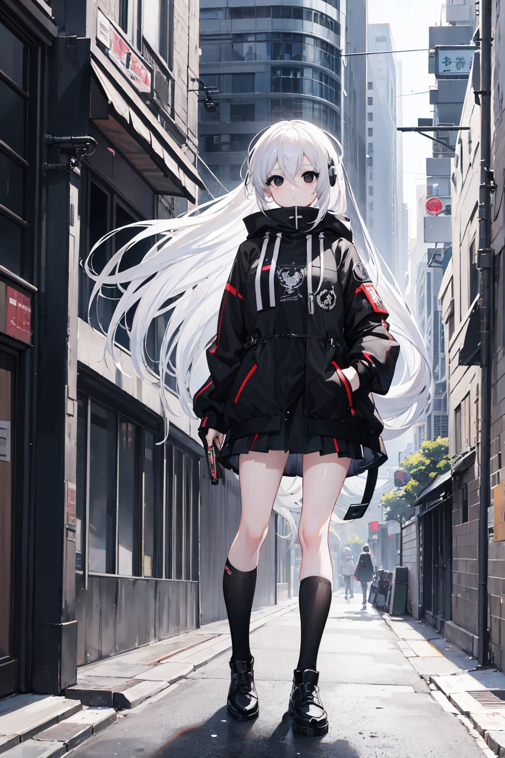 ((masterpiece, best quality, extremely detailed CG, unity 8k wallpaper,anatomically correct,ultra resolution)),Award-winning photography,(best illumination,Very Delicate and Beautiful),(one girl,solo,loli:1.5),(Vampire:1.45),silver hair,(twintails:1.2),glowing red eyes,(pale skin:1.45),(extremely beautiful and detailed face:1.2), (extremely beautiful and detailed eyes:1.2),perfect hands,delicate legs,((bat hair ornament)),(graceful,fashion),pointy ears,((Down Jackets:1.4,trousers,nike sports shoes,black leather gloves,scarf,hood)),looking at viewer,crossed arms,head tilt,(morbid smile:1.3),dark persona,evil,(cute:1.5),((night, dark atmosphere, dark theme, darkness:1.5)),dramatic shadows,(dimly lit:1.5),blood on face,blood on floor, blood on walls,(blood mist,blood splash:1.4),depth of field,(Bustling city:1.2,snow:1.3),cloudy sky,snowing,skyline,(perfect human body structure with maximum precision)