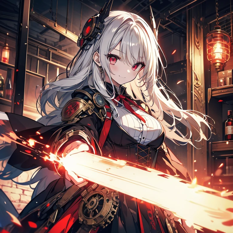 1 girl、Mature、Ample breasts、Long Hair、White Hair、Long Hair、Red Eyes、steampunk outfit、dress、黒いdress、Shoulder Bare、A seductive smile、corset、basement、Steampunk city、Broken glass、explosion、fire、Sparks fly、Chemical plant、mad scientist、cyborg、Prosthetic arm、Eye patch、Blood splatter、High resolution、Highest quality