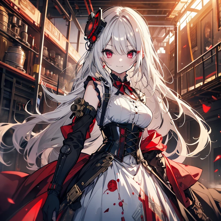 1 girl、Mature、Ample breasts、Long Hair、White Hair、Long Hair、Red Eyes、steampunk outfit、dress、黒いdress、Shoulder Bare、A seductive smile、corset、basement、Steampunk city、Broken glass、explosion、fire、Sparks fly、Chemical plant、mad scientist、cyborg、Prosthetic arm、Eye patch、Blood splatter、High resolution、Highest quality