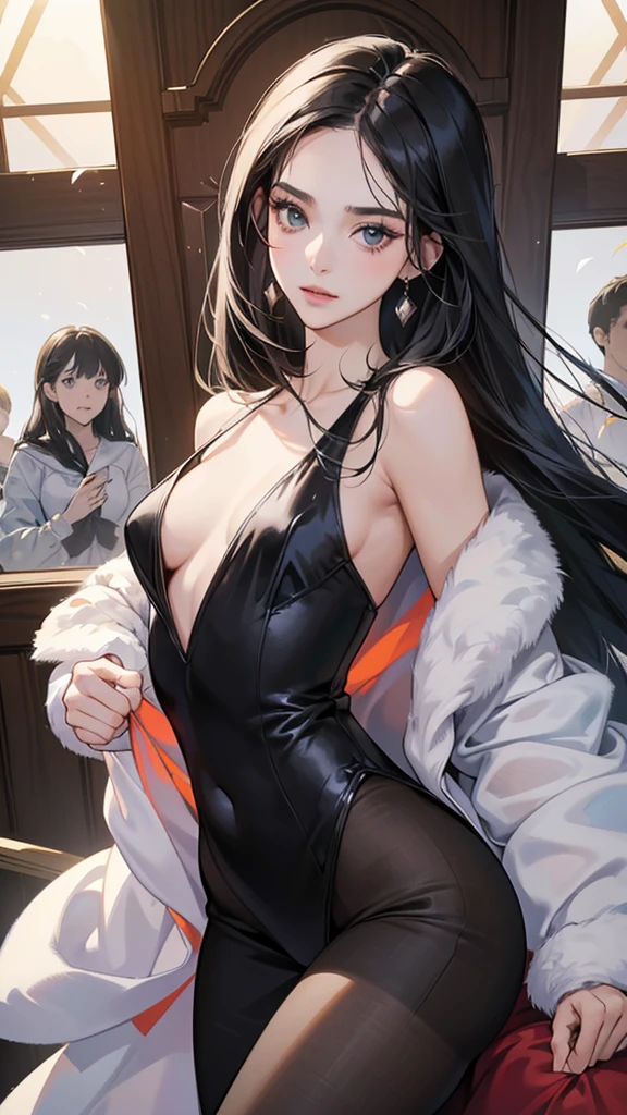 (flies to pieces, 4K, 8ก,beautiful picture, Sharp picture, realistic,perfect face, perfect lines, perfect eyes, soft light) ,1 woman, (black hair、long straight hair,Bullish stare,beautiful woman,elegance,Hard makeup,One piece figure、a matural feman,small breasts:1.3),スーツ姿のハンサムなman性2人, (man,man性はスーツ姿,stalwart,broad, stable shoulders, manの,children's hairstyles,クールな表情の成熟man性,明るい笑顔の成熟man性:1.2),Smile showing white teeth(Embarrassing,shy smile:1.1),(awestruck,shy,sleepy,Embarrassing:1.1),open your thin mouth,innocent smile,Dating,kiss、pair、pairkiss、romantic、workplace、sitting on the sofa、sofa sofa, Student uniform