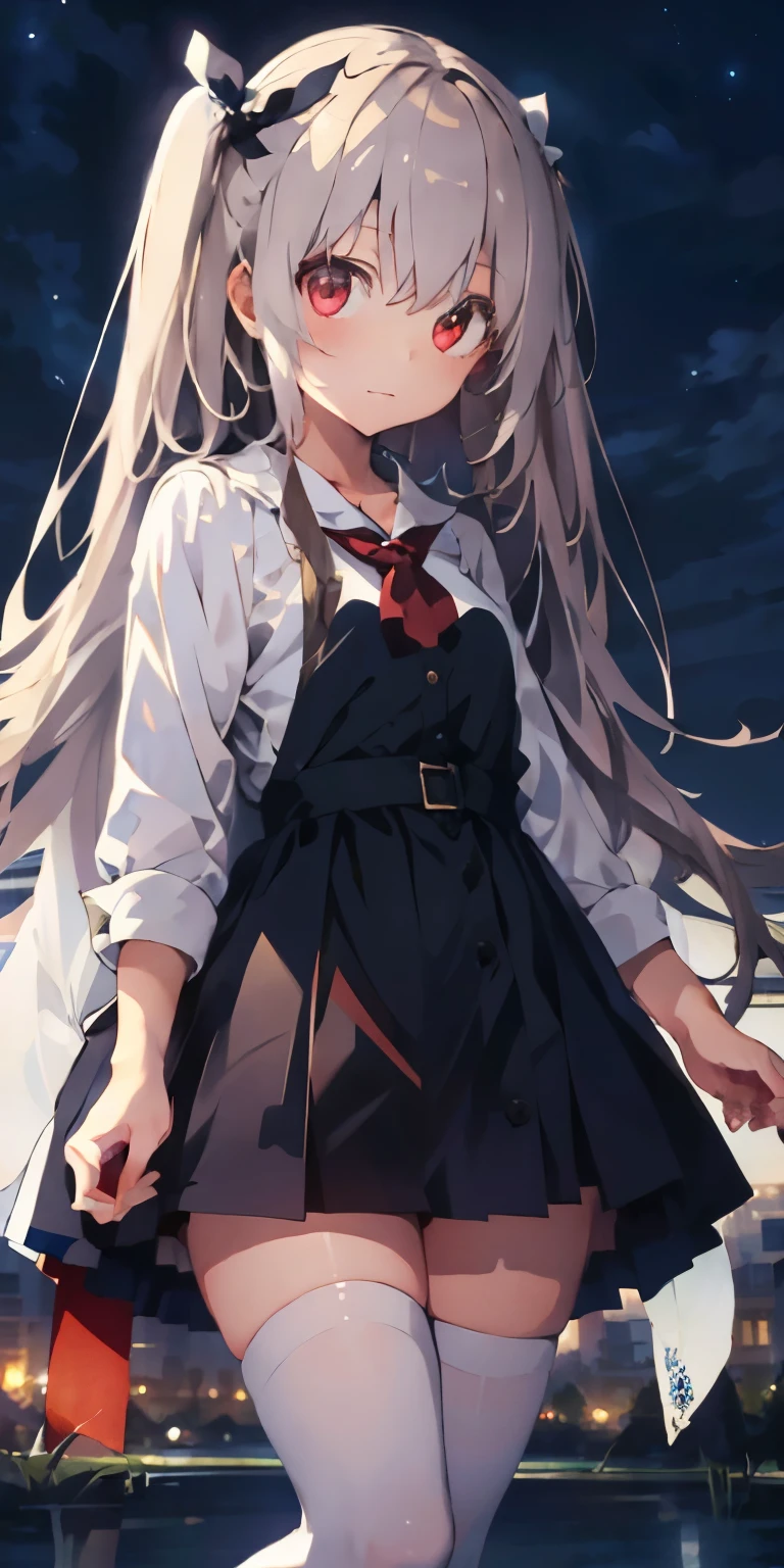 One girl, Beautiful attention to detail, Long white hair, eyes are a little red, , White knee-high socks, Shiny skin, city, night, High Contrast, ((masterpiece, Highest quality))