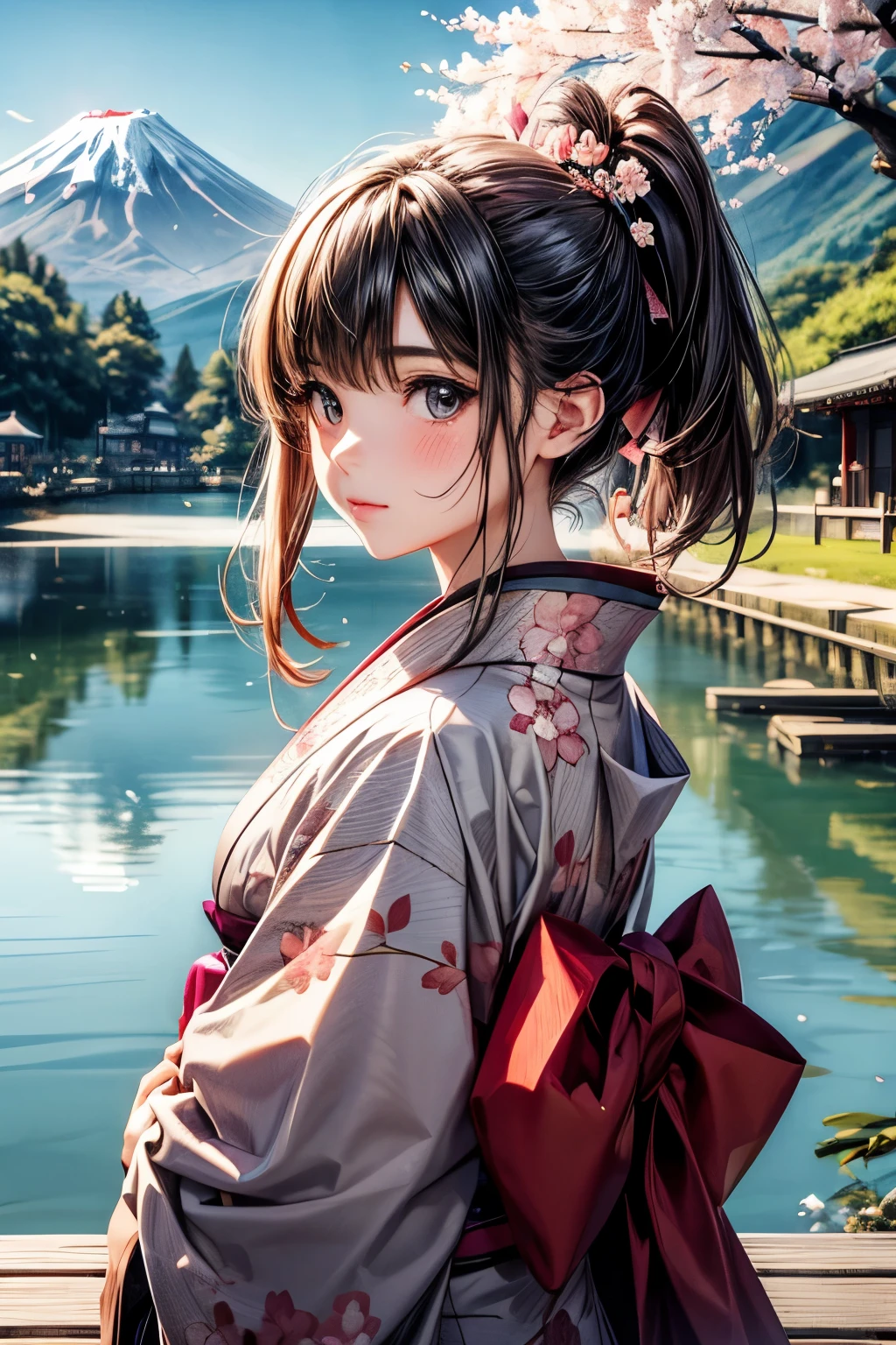 1 beautiful girl, kimono, Mount Fuji and cherry blossom background, By the lake
