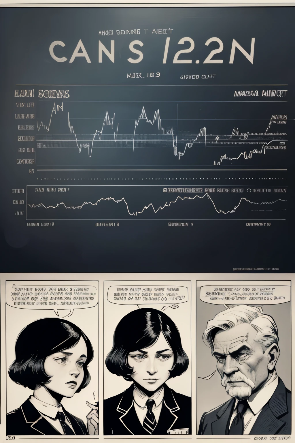 A stock market with people and a blackboard with graphs on the theme of the capitalist crisis of 1929 and the great depression. Let it be like an image from a comic
