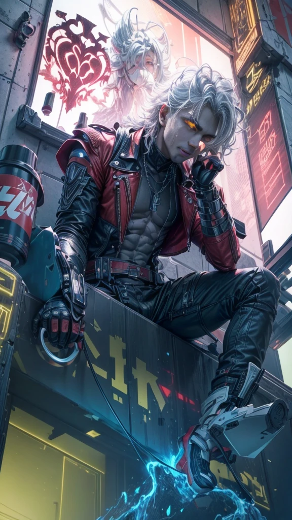 Fullbody 128k Bluray Extreme UHD 4K High quality anime image . My attention is drawn to a physically fit and toned male robot with short, wavy white hair and light yellow eyes and no pupils. He is silly in his demeanor. He sits on edge of building. His body and face is smooth black metal with white abdominals and stomach. He wears a red and white leather jacket that is not zipped.” Rendered in stunning 4K and UHD resolution using Octane Render CGI technology, everything comes to life in a mesmerizing 16K masterpiece, with an aura fascinating and high level of detail, anime illustration with joyful look in eyes, cyber punk illustration, tough anime robot male with wavy white hair, light yellow eyes and no pupils, smooth black metal face and body with white abdominal muscles, 4K, UHD, Ultra HD 4K image, extremely fascinating neon light, intricate details , extremely detailed, incredibly detailed.making heart shape with fingers.