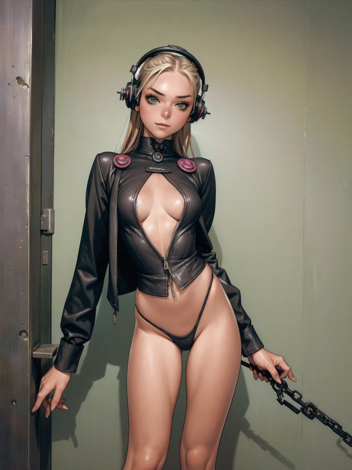 (best qualityer))), (((manga strokes))), (((Headphones))), (((Green devices))), Bunny ears and Googles on the forehead, (((tiny thong shorts))), uma Kizi jovem muito bem vestida com roupas modernas de inverno, short top, short jacket with dark fur collar, beautiful and expressive face, slightly-smile, big eyes with long black eyelashes, heavy make-up, chains and zippers spread across clothes, contrasting colours, pose de atitude, hair with a modern and futuristic cut, urban game poster art, dramatic camera angles, graffiti art elements, ((bird’s eye view))), (((best qualityer: 1.4))), (Unbeatable masterpiece), (hiper HD),(CG 8k hyper-realistic), Kizi, (((standing alone))), pirralha violent, (((14歳))), sexly, pose de atitude, work of art, post-apocalypse, (((manga style))), bounty hunter, violent, Manic, the way you want, slenderbody, thin but strong, perfectbody, roupa moderna, advanced technology, neon, sleeves with vertical striped pattern