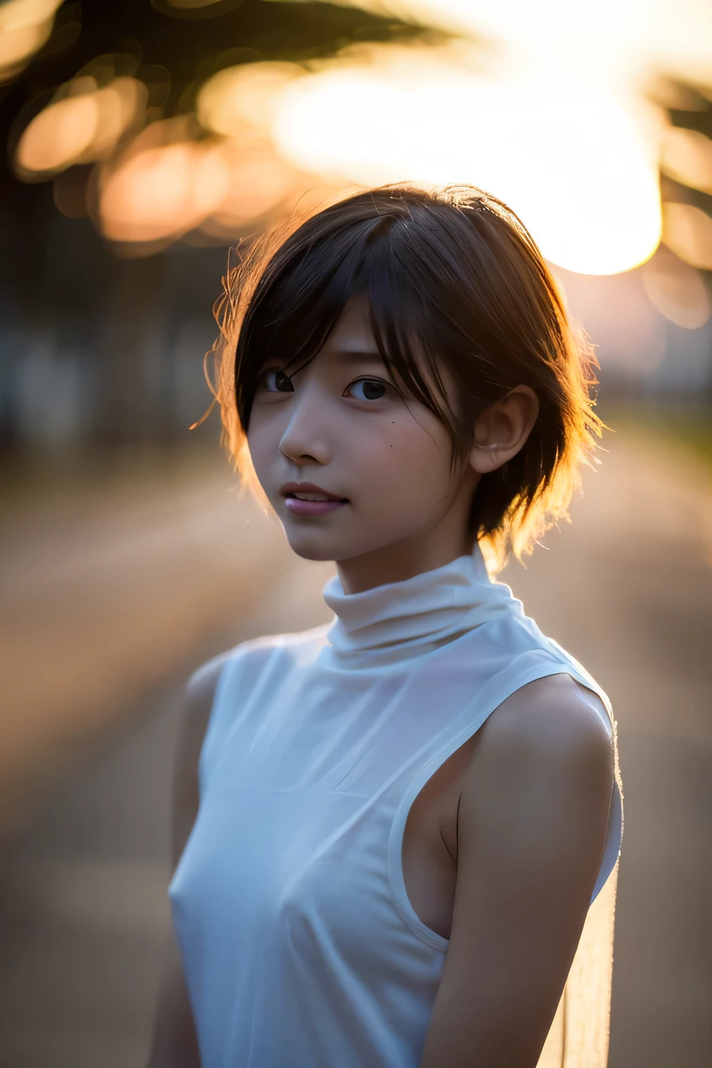 (Hyper Reality: 1.35), (Realistic: 1.4), A beautiful Japanese woman, smile, alone. (((No makeup))), masterpiece, 最high quality, high quality, alone, Very good, puberty, Only one girl, Well-trained slim body, muscular, slim body, breasts apart, (最high quality)),((Very delicate and beautiful)),((Very shallow depth of field)), ((Incredibly shallow depth of field)). family friendly, ((Very delicate and beautiful)), (((Very shallow depth of field))), (((Unbelievably absurd))), dark brown hair, blowing boyish bob hair, shag messy hair, wolf cut, big hair, windで揺れる髪, Slim body type, ((( Camera Eye)))), (((small ))), Looks like a salon model, Cool face, Neutral facial features,(ecstasy:1.3) ,(slut:1.2),(vulgarity:1.3),(fucked silly:1.1),(steam:1.1),(Wet:0.8),(trembling:0.8),(tears:0.7) ,(drooling:0.6),(sweat:0.8),open mouth, poor, my + background, Dynamic Angle, Focus on women, {Particles of light}, Detailed background, Soft lighting, (dramatic), sunset, very beautiful sunset, Live Action, Realistic, (blurred background), ((())), (((wind))), ((Movement)), ((emotion)), ((colorful)), ((Baby Face)), Wither, sea background, high neck, Sleeveless, turtleneck, (((whole body))), (((knees))), walking, Bikini,
