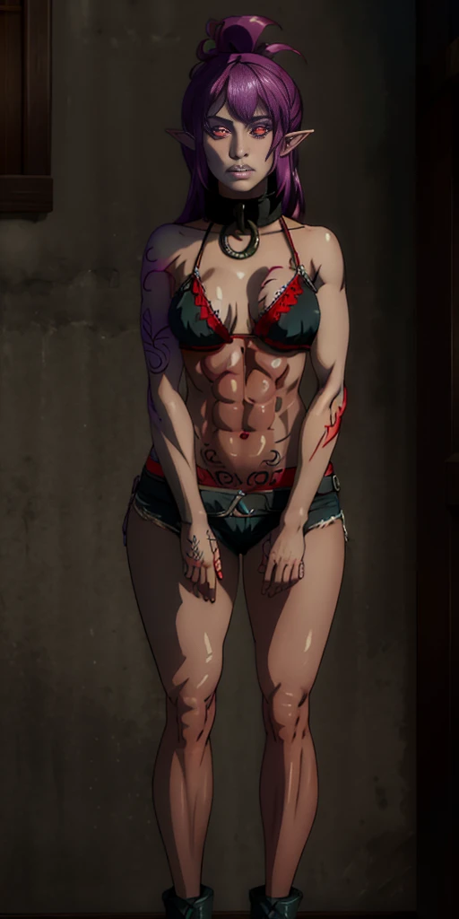 ((1woman)) Whole body, standing, gray skin, drow, elf, 1 girl, maduro, Red eyes, purple hair, black bikini, ABS, Large knockers, tattered rags, chain collar, stomach tattoo (red tattoo