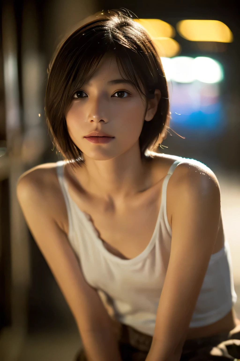 (Hyper Reality: 1.35), (Realistic: 1.4), A beautiful Japanese woman, smile, alone. (((No makeup))), masterpiece, 最high quality, high quality, alone, Very good, puberty, Only one girl, Well-trained slim body, muscular, slim body, breasts apart, (最high quality)),((Very delicate and beautiful)),((Very shallow depth of field)), ((Incredibly shallow depth of field)). family friendly, ((Very delicate and beautiful)), (((Very shallow depth of field))), (((Unbelievably absurd))), dark brown hair, blowing boyish bob hair, shag messy hair, wolf cut, big hair, windで揺れる髪, Slim body type, ((( Camera Eye)))), (((small ))), Looks like a salon model, Cool face, Neutral facial features,(ecstasy:1.3) ,(slut:1.2),(vulgarity:1.3),(fucked silly:1.1),(steam:1.1),(Wet:0.8),(trembling:0.8),(tears:0.7) ,(drooling:0.6),(sweat:0.8),open mouth,  poor, my + background, Dynamic Angle, Focus on women, {Particles of light}, Detailed background, Soft lighting, (dramatic), sunset, very beautiful sunset, Live Action, Realistic, (blurred background), (((11 years old))), (((wind))), ((Movement)), ((emotion)), ((colorful)), ((Baby Face)), Wither, sea background, high neck, Sleeveless, turtleneck, (((whole body))), (((knees))), walking, Bikini,