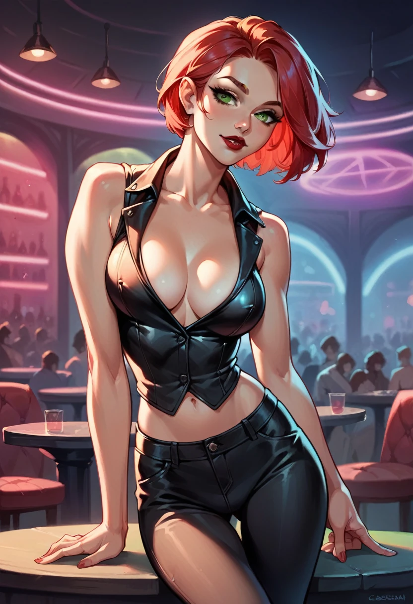 masterpiece, beautiful adult woman, ((caucasian skin)), red hair, short hair, pervert face, ((nightclub)), red lipstick, green eyes, slender body, busty, leather vest, leather pants, leaning on table, portrait