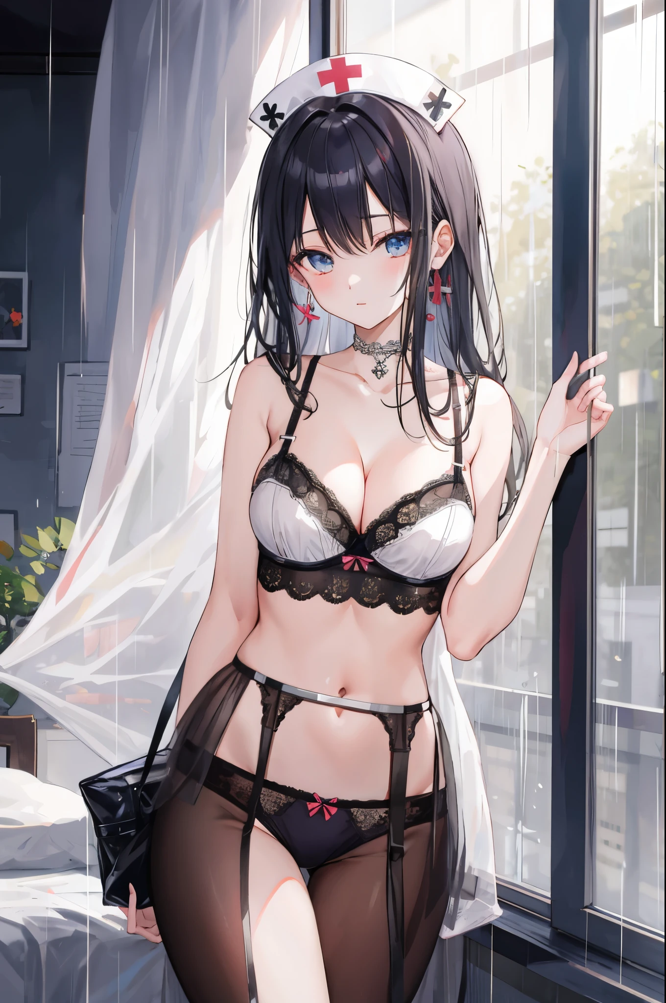 (((masterpiece))), ((best quality)), detailed, solo, 1girl, finne lingerie, (rain), chest curtains, nurse's cap, latex gloves, surgical mask, sexy pose, short hair, medium breasts, beautiful brown eyes, cleavage, big breasts, sweating, blushing, heavy breathing,