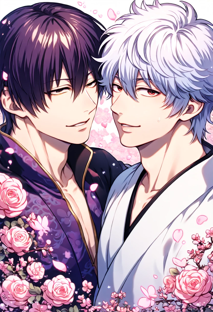 absurdres, highres, ultra detailed, HDR, master piece, best quality, extremely detailed, Takasugi Shinsuke, dark purple hair, hair over the left eye, expressive brown eyes, Gintama, Sakata Gintoki, white hair, expressive red eyes, two sexy men together, yaoi, gay couple, handsome, handsome smile, white kimono, dark purple kimono with patterns, fantasy, shining, pink flowers, pink blossoms, pink butterflies, pink petals, magical