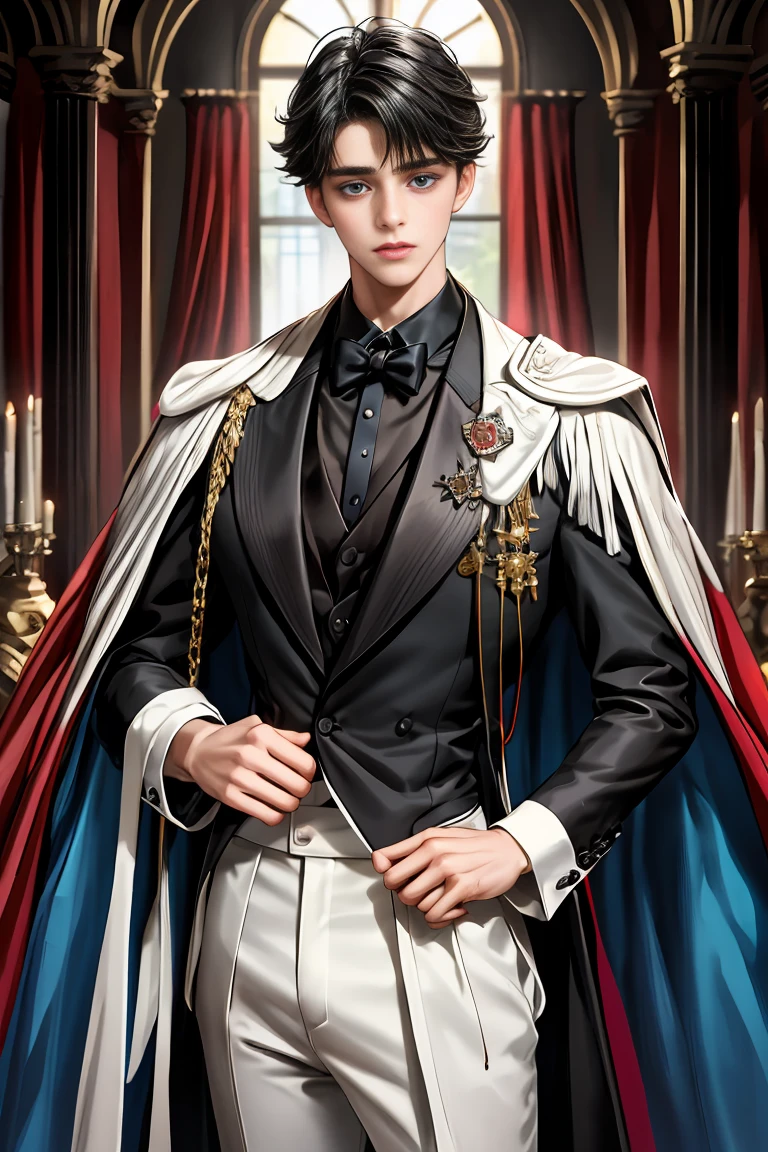 masterpiece, 最high quality, high quality, 1 boy, alone, Male focus, Watching the audience, Messy black hair, Adorable big blue eyes, White, Noble, Noble,A sexy, voluminous, puffy cape、tuxedo、A very voluminous, large, very large, very large, long, long red and black cape with a high stand-up collar, made of a lot of fabric that reaches down to the floor., 17 years old,Cute beautiful boys,Cute, cute, kind, handsome guy