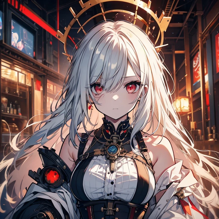 1 girl、Mature、Ample breasts、Long Hair、White Hair、Long Hair、Red Eyes、steampunk outfit、dress、黒いdress、Shoulder Bare、Straight face、corset、basement、Steampunk city、Broken glass、explosion、fire、Sparks fly、Chemical plant、mad scientist、cyborg、Prosthetic arm、Eye patch、Blood splatter、High resolution、Highest quality