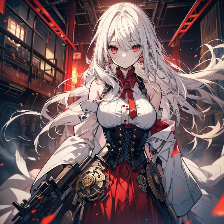 1 girl、Mature、Ample breasts、Long Hair、White Hair、Long Hair、Red Eyes、steampunk outfit、dress、黒いdress、Shoulder Bare、Straight face、corset、basement、Steampunk city、Broken glass、explosion、fire、Sparks fly、Chemical plant、mad scientist、cyborg、Prosthetic arm、Eye patch、Blood splatter、High resolution、Highest quality