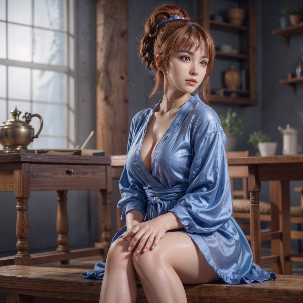 Kasumi, brown eyes, (best quality, ultra detail), (realistic:1.37), beautiful and detailed face, ultra-realistic texture, Delicate face, delicate body, red lipstick, bright colors. high definition, 8K. very serious expression and penetrating gauze