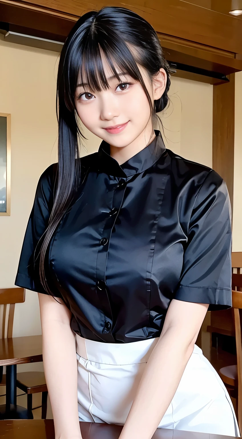 (Highest quality,masterpiece:1.3,Ultra-high resolution,),(Very detailed,Caustics),(Realistic:1.4,RAW shooting,)Ultra-Realistic Capture,Very detailed,High resolution 16K human skin closeup。 Natural skin texture、,pores、、、、It must be detailed enough to be easily identifiable。 Skin tone is even and healthy looking。 Use natural light and colour,restaurant,Waitress Uniform,1 girl,Japanese,18-year-old,cute,Black-haired,ponytail,Big Breasts,smile,Turn your body forward,(Front view:1.1),Looking into the camera,Cowboy Shot,