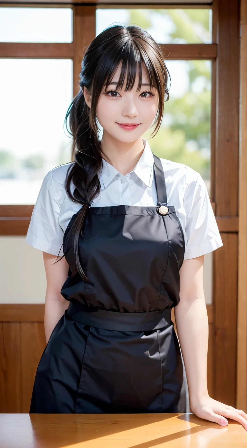 (Highest quality,masterpiece:1.3,Ultra-high resolution,),(Very detailed,Caustics),(Realistic:1.4,RAW shooting,)Ultra-Realistic Capture,Very detailed,High resolution 16K human skin closeup。 Natural skin texture、,pores、、、、It must be detailed enough to be easily identifiable。 Skin tone is even and healthy looking。 Use natural light and colour,restaurant,Waitress Uniform,1 girl,Japanese,18-year-old,cute,Black-haired,ponytail,Big Breasts,smile,Turn your body forward,(Front view:1.1),Looking into the camera,Cowboy Shot,