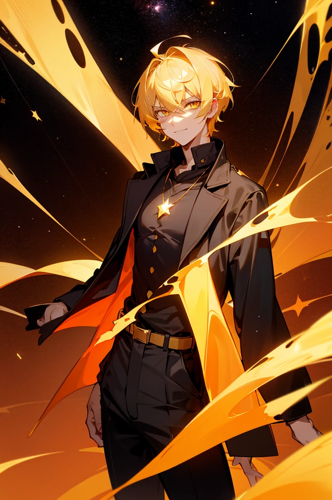 blonde hair, gold eyes, beautiful male, yellow eyes, start sky, 8k resolution, sky, galaxy, young male, serious face, short hair,, cowboy shot, glowing red gem necklace, smile, black jacket, orange shirt, black pants, orange background, stars in the skies,