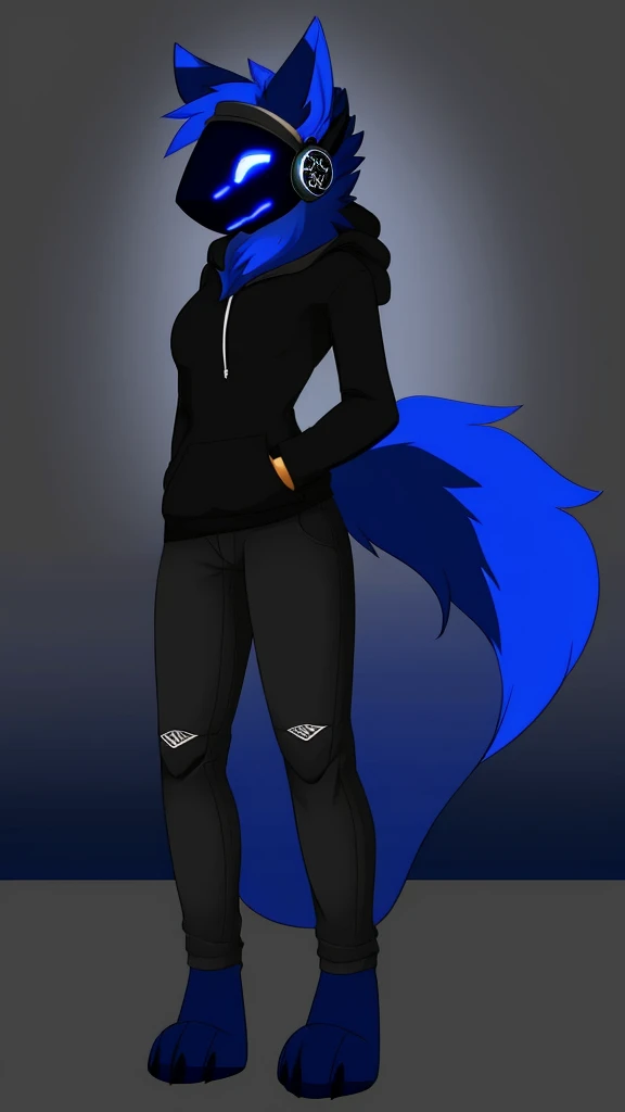 Furry wolf female anthropomorphic protogen wearing a black hoodie and black jeans dark blue and black fur 