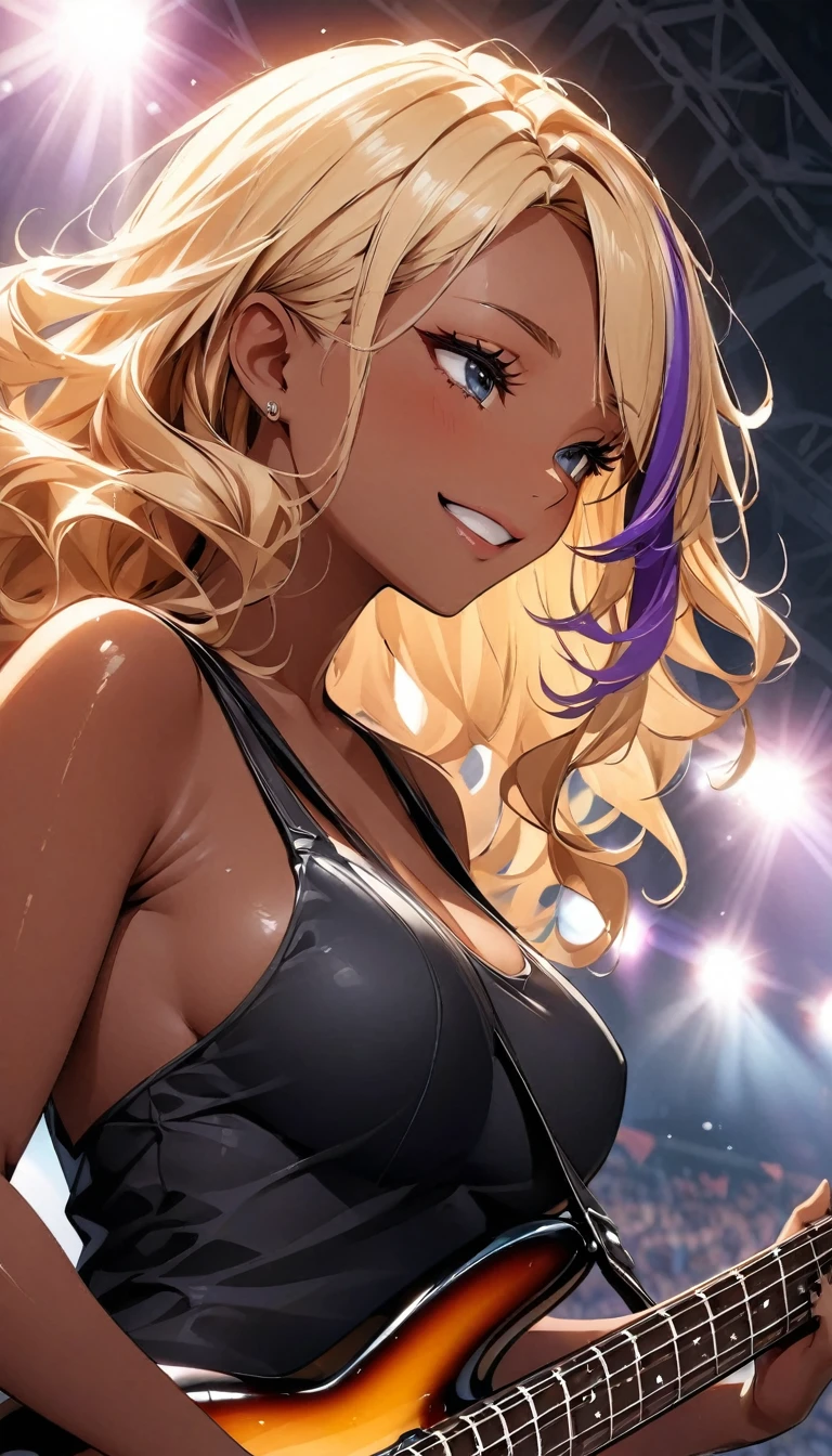 (highest quality:1.2, Very detailed, up to date, Vibrant, Ultra-high resolution, High Contrast, masterpiece:1.2, highest quality, Best aesthetics), Portraiture、girl、slim, stage、performance、Rock Music、Bright colors、Beautiful fine details、Beautiful lip detail、extra short hair, ((wavy hair:1.3))、messy hair, blonde and blue ((streaked hair:1.5)), highlights hair: 1.3, medium breast, (tan skin:1.3), Music band、Cheerful pose、Concert Light、Edgy Style、black tank top、Dynamic Movement、hypnotic sounds、Stadium、amplifier、Loud music、Electric bass、((playing bass:1.3)), Fender bass, Passionate performance、Concert atmosphere、Music Festival、Full of emotion、Rock star attitude、Resolute expression、Avid Fan、Expressive gestures、 look far away, smile, (upper body),