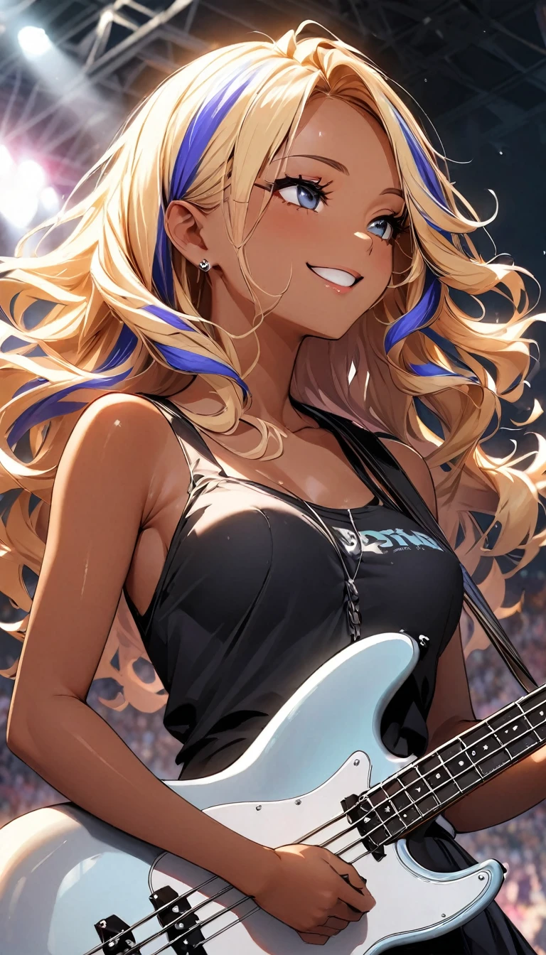 (highest quality:1.2, Very detailed, up to date, Vibrant, Ultra-high resolution, High Contrast, masterpiece:1.2, highest quality, Best aesthetics), Portraiture、girl、slim, stage、performance、Rock Music、Bright colors、Beautiful fine details、Beautiful lip detail、extra short hair, ((wavy hair:1.3))、messy hair, blonde and blue ((streaked hair:1.5)), highlights hair: 1.3, medium breast, (tan skin:1.3), Music band、Cheerful pose、Concert Light、Edgy Style、black tank top、Dynamic Movement、hypnotic sounds、Stadium、amplifier、Loud music、Electric bass、((playing bass:1.3)), Fender bass, Passionate performance、Concert atmosphere、Music Festival、Full of emotion、Rock star attitude、Resolute expression、Avid Fan、Expressive gestures、 look far away, smile, (upper body),