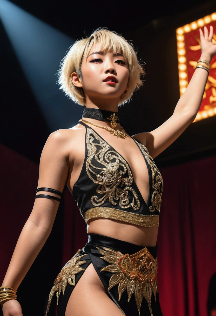 (Highest quality, High resolution, Realistic,8k,masterpiece,RAW Photos),One 20-year-old,(Black choker)Japanese dancer with short blonde hair,On stage,dancing,Fancy costumes,Flashy lighting