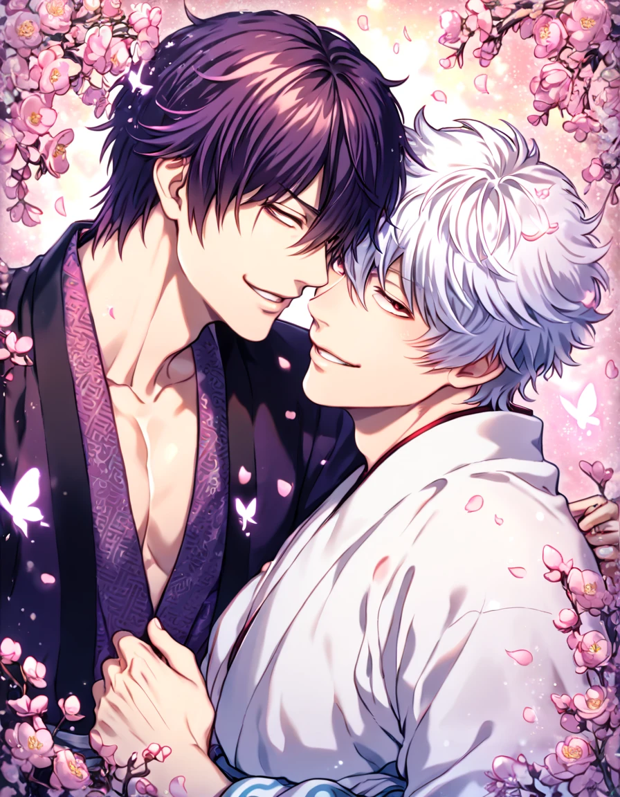 absurdres, highres, ultra detailed, HDR, master piece, best quality, extremely detailed, Takasugi Shinsuke, dark purple hair, hair over the left eye, expressive brown eyes, Gintama, Sakata Gintoki, white hair, expressive red eyes, two sexy men together, yaoi, gay couple, handsome, handsome smile, white kimono, dark purple kimono with patterns, fantasy, shining, pink flowers, pink blossoms, pink butterflies, pink petals, magical