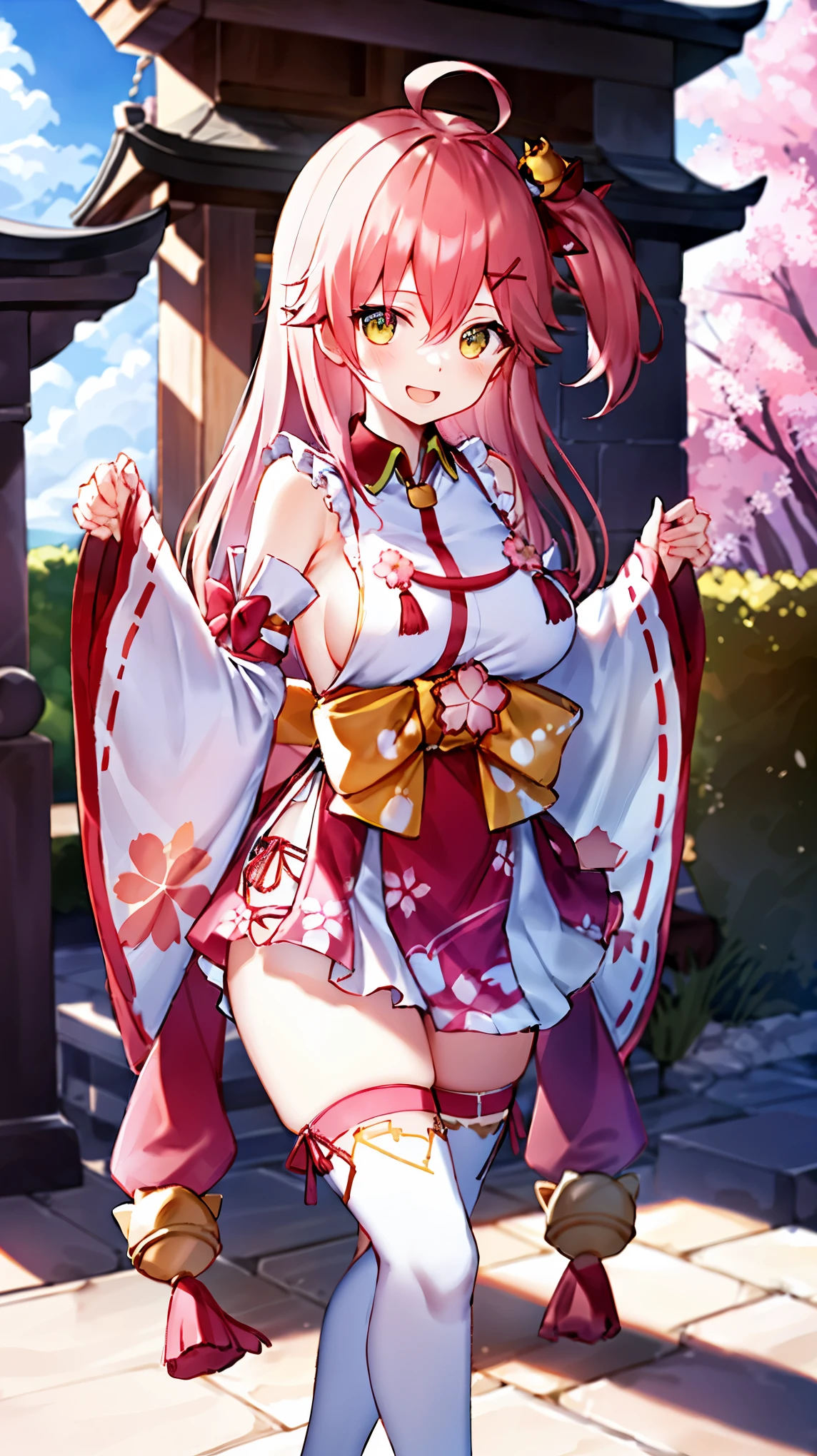 masterpiece, best quality, highres, miko1, sakura_miko, 1girl, big_boobs, solo, ahoge, x_hair_ornament, pink_hair, floral print, hairclip,(side_less_clothes:1.5), (side_boobs:1.5), hair_bell, floral print, long_hair, hair between eyes, one side up, white thighhighs, asymmetrical legwear, wide sleeves, open_mouth,(happy:1.3),gleen_eyes,big_smile,(rise_leg:1.3),plump,apart_legs,(overly_long_sleeves:1.3),),sleeves_past_wrists,hands_hidden_sleeves,sidelock_clothes,dynamic_posing,solo,hidden_wrists,(XD:1.4),covered_nipples,sunlight,cherryblossom_temple_landscape_background,