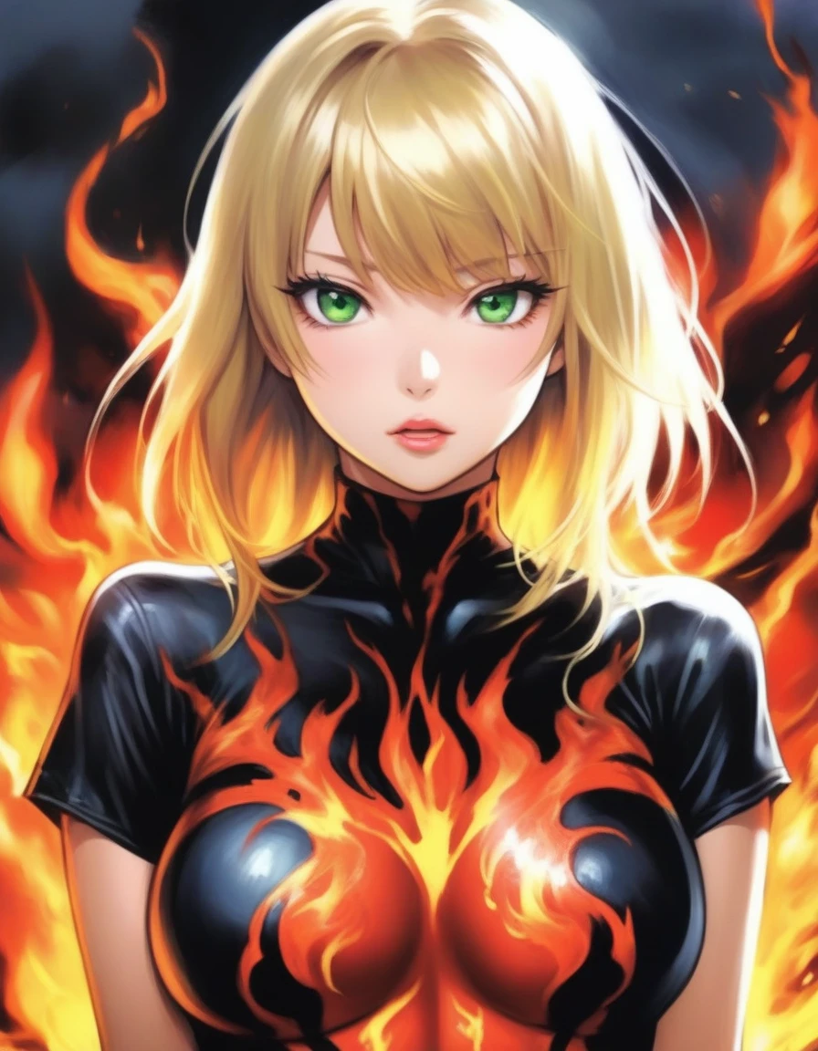 atmosphere oily rainy style animation 2.5D manga niji6 strong strokes art oil paint super details in art blonde + venom girl in tight tight tshirt withe red fire with green eyes with black tomoi in style reality photo realism maximum quality details super perfection state-of-the-art graphics