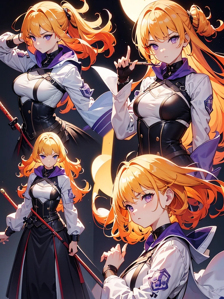 (masterpiece:1.2, Highest quality),(Colored Background) (Beautiful attention to detail: 1.2), (Highly detailed CG Unity 8K wallpapers, masterpiece, Highest quality, Very detailed, Best Shadow), (Detailed Background), White jacket,arms(woman,Carrying a walking stick),alone ,Blonde,Purple eyes,One girl, sketch (Character design sheet, same characters, whole body, Three-View, front, ~ ~ side, return), alone,