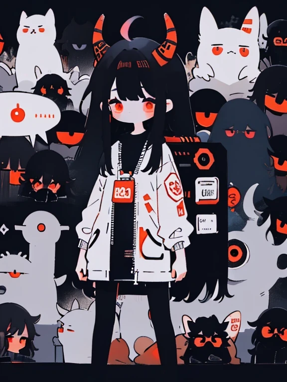 Young Girl,,Wearing a one-piece dress,Mini character,Red eyes,Black Hair,Long Hair,Dark atmosphere,Deformed character,Horns growing,Ahoge,
