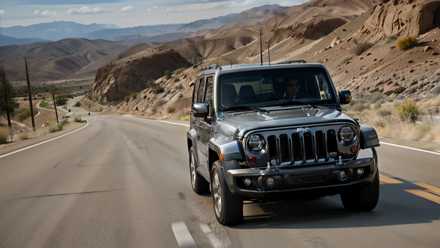 Jeep speeding on the road，，reality，Outstanding Photography，Large background