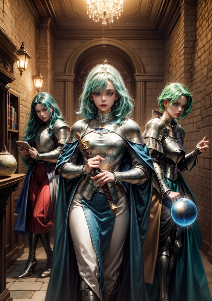 ((2 men: 2), (1 woman :2), (Medieval world: 2):1.5). ((redhead woman, blue eyes, White shirt, blue skirt, sword in hand. Homem moreno de blue eyes escuro, villager outfit and holds glowing white sphere. green hair man, jumpsuit and holds bright blue sphere. Red eyes with fluctuating energies, medieval city): 2). (fantasy style: 2). extremely detaild, 8k, HdR, natural light, cinematic lighting, masterpiece-anatomy-perfect, ultra HD, raw photo, professional, ultra-fine painting, perfect body proportions, Anatomically correct, UHD, real texture material, anti-aliasing, FKA, THAI, SSAO, Post processing, Post Production, Tone Mapping, cgi, VFX, SFX, Hyper maximalist, volumetric, ultra photorealultra-detailed intricate details.alultra-detailed intricate details.
