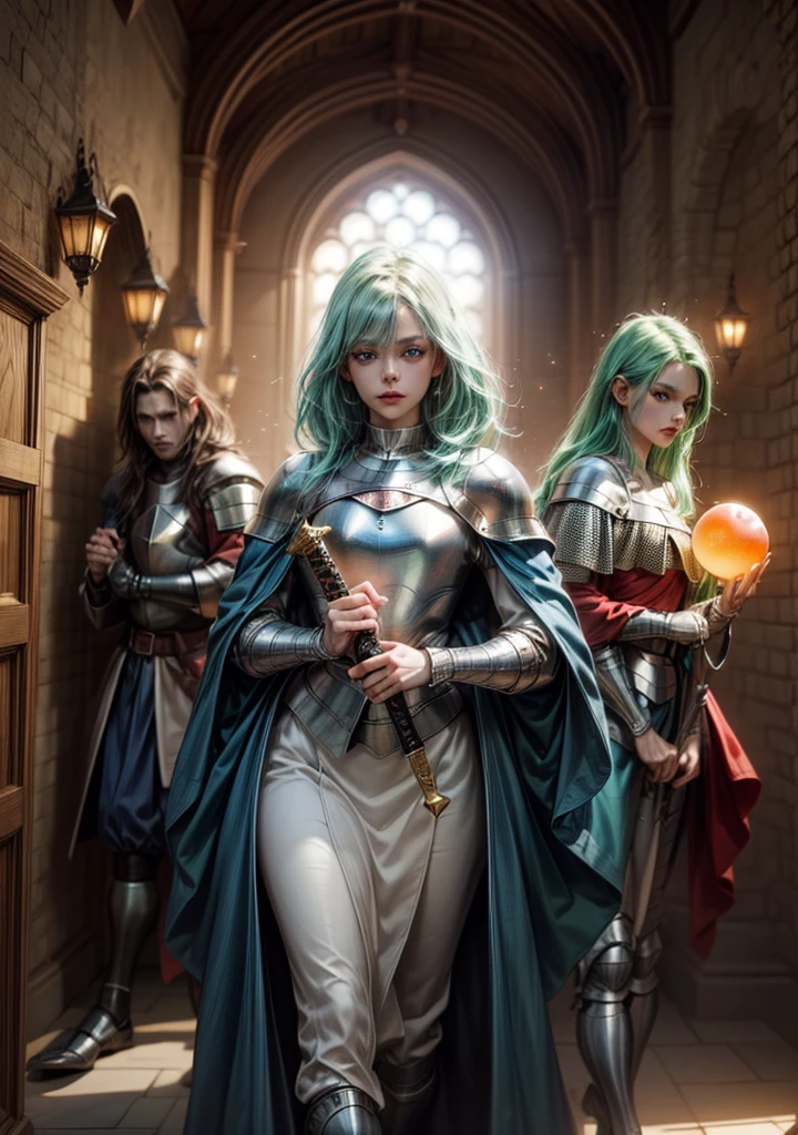 ((2 men: 2), (1 woman :2), (Medieval world: 2):1.5). ((redhead woman, blue eyes, White shirt, blue skirt, sword in hand. Homem moreno de blue eyes escuro, villager outfit and holds glowing white sphere. green hair man, jumpsuit and holds bright blue sphere. Red eyes with fluctuating energies, medieval city): 2). (fantasy style: 2). extremely detaild, 8k, HdR, natural light, cinematic lighting, masterpiece-anatomy-perfect, ultra HD, raw photo, professional, ultra-fine painting, perfect body proportions, Anatomically correct, UHD, real texture material, anti-aliasing, FKA, THAI, SSAO, Post processing, Post Production, Tone Mapping, cgi, VFX, SFX, Hyper maximalist, volumetric, ultra photorealultra-detailed intricate details.alultra-detailed intricate details.