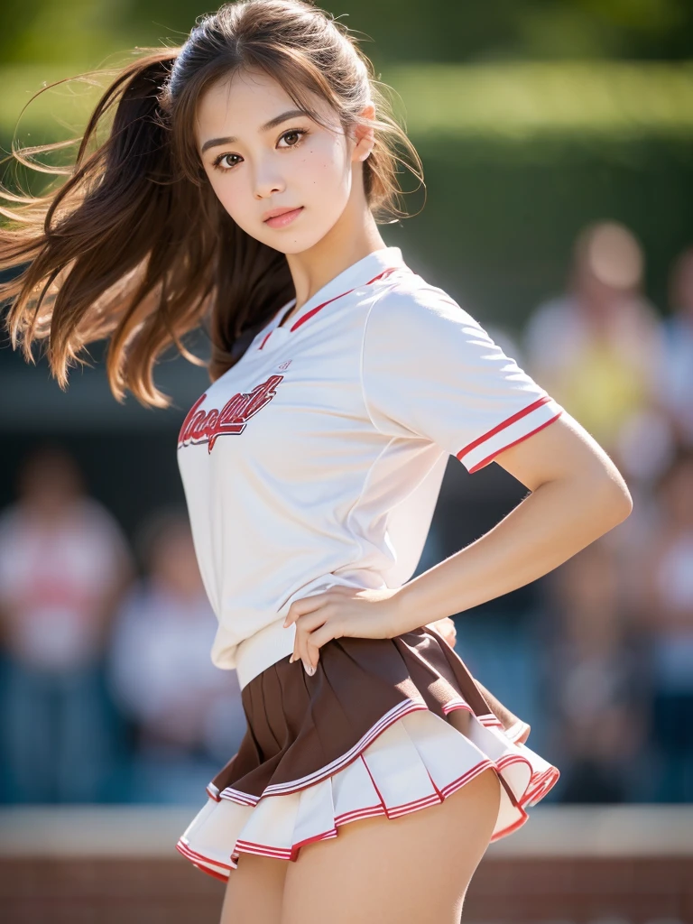 masterpiece, Highest quality, Very detailed, High resolution, (Realistic, photoRealistic:1.37), Excellent anatomy, One beautiful woman, Cheerleader, A small smile, cheer leading, Cheerleader uniform, (shape), Micro Pleated Mini Skirt, ((Very delicate and beautiful)), (Bokeh, Blurry outdoor background), Brown Hair, Long Hair, Very beautiful face, Cute type, Big Natural Color Lip, Big and pretty eyes, Brown eyes, Obvious double, Small and cute nose, Brown eyes, Shiny highlight spots around the eyes, Character Focus, Tilt your head, The best light, Best Shadow, mysterious, Perfect Face, Very detailed, Soft Skin, (Glowing Skin, Sweaty: 1.2)'Beautiful legs, Voluptuous thighs, Plump body, Huge breasts, (Expresses the roundness and softness of the chest area........1), Beautiful body, (A perfect feminine figure),