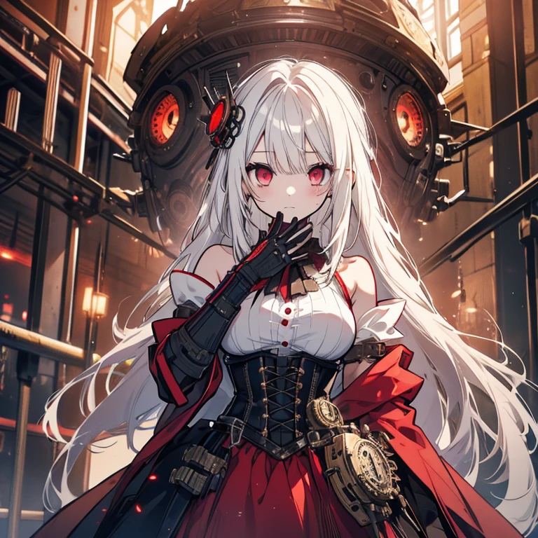 1 girl、Mature、Ample breasts、Long Hair、White Hair、Long Hair、Red Eyes、steampunk outfit、dress、黒いdress、Shoulder Bare、Straight face、corset、basement、Steampunk city、Broken glass、explosion、fire、Sparks fly、Chemical plant、mad scientist、cyborg、Prosthetic arm、Eye patch、Blood splatter、High resolution、Highest quality