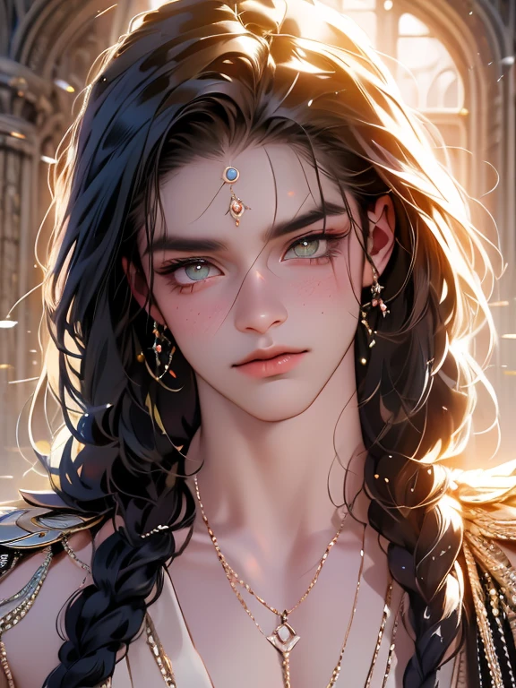 The magical look of a boy with wavy black hair, Rainbow eyes , sparkling eyes ! just sparkles from the eyes - such a piercing look !! dark skin, Cute boy, boy with a beautiful face, Realistic anime style . Mysterious magic surrounds him !against the backdrop of the universe , with flashing lightning