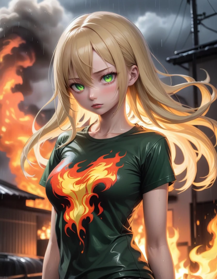 atmosphere oily rainy style animation 2.5D manga niji6 strong strokes art oil paint super details in art blonde + venom girl in a tight t-shirt with red fire with green eyes with black tomoi in style reality photo realism maximum quality details super perfection state-of-the-art graphics