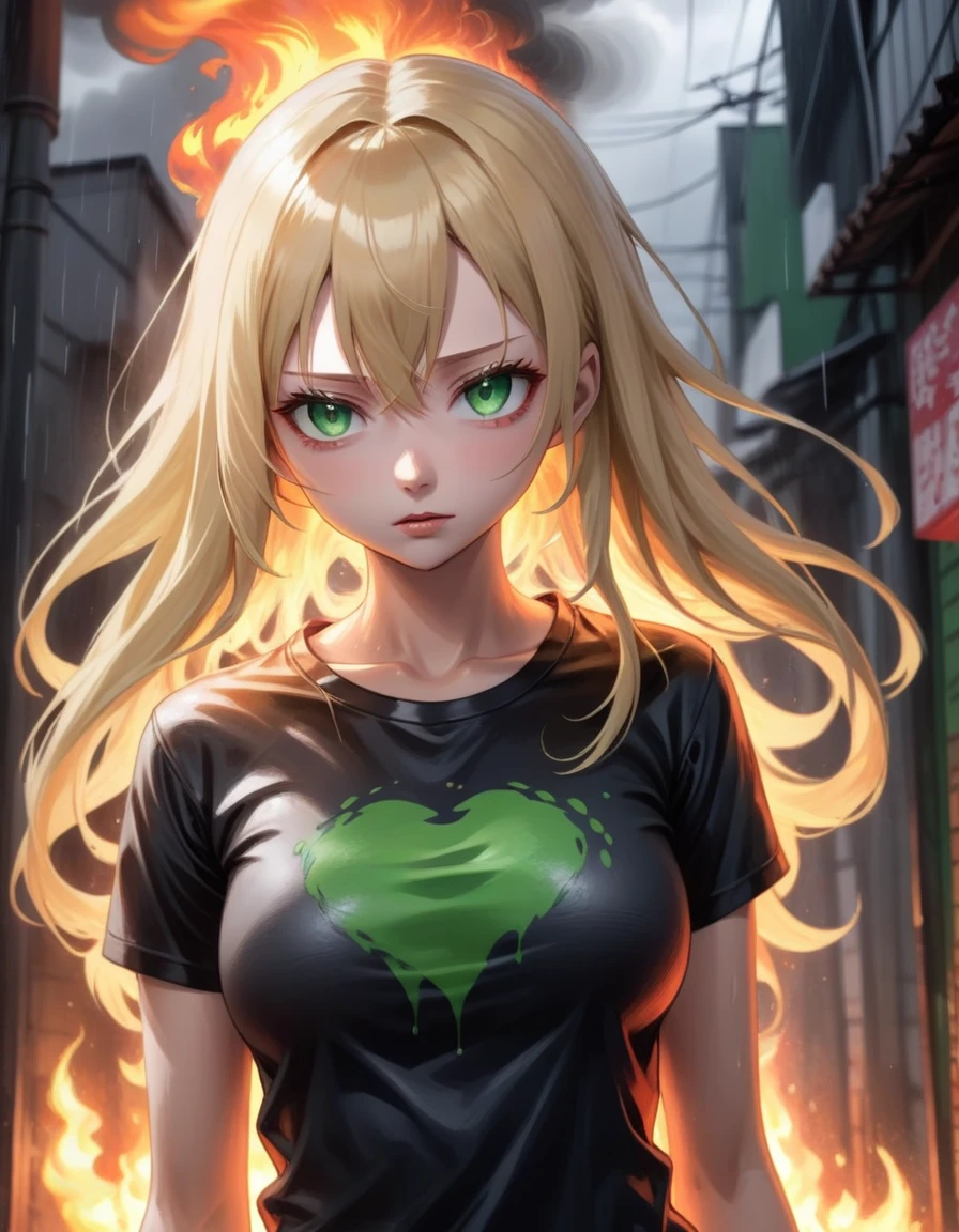 atmosphere oily rainy style animation 2.5D manga niji6 strong strokes art oil paint super details in art blonde + venom girl in a tight t-shirt with red fire with green eyes with black tomoi in style reality photo realism maximum quality details super perfection state-of-the-art graphics