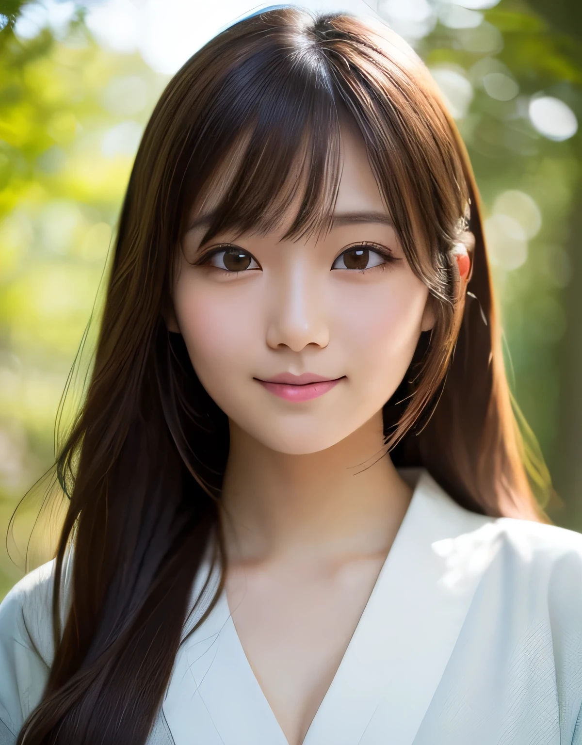 best quality, face focus, soft light, ultra high res, (photorealistic:1.4), RAW photo,(Shinozaki Ai),
1Japanese girl, solo, cute, kawaii, smile, (pupil, lights in the eyes),  detailed beautiful face, (busty),(high resolution detail of human skin texture),(long hair),(portrait), chest up, white traditional kimono, in the forest,