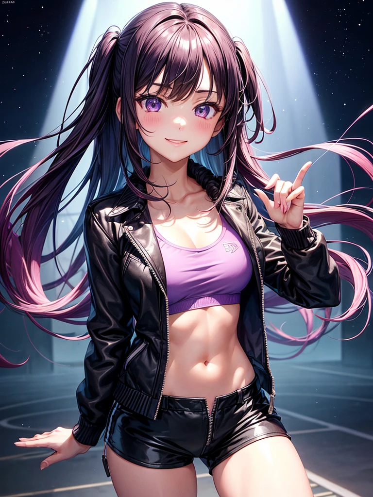 ((master part)), best quality, absurderes, ultra detaild, Holographic, cowboy shot, proportion Aurea, super cute girl, Madura, Idol girl, Super beautiful asian girl with very cute violet bright eyes, Beautiful multicolored bright brown hair, high ponytail, nice and sexy body, body skinny, perfectbody, bikini top, a super aesthetic mini transparent jacket, cute hair ornament, , being photographed, pulling down shorts showing G-string panties, ((nsfw)), {{Lewd}}
