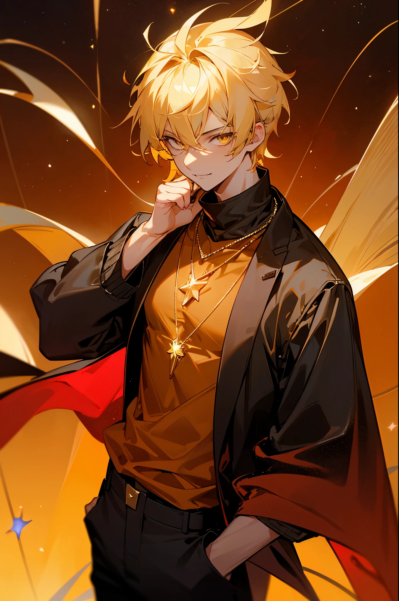 blonde hair, gold eyes, beautiful male, yellow eyes, start sky, 8k resolution, sky, galaxy, young male, serious face, short hair,, cowboy shot, glowing red necklace, smile, black jacket, orange shirt, black pants, orange background, stars in the skies, red gem on necklace, muscular