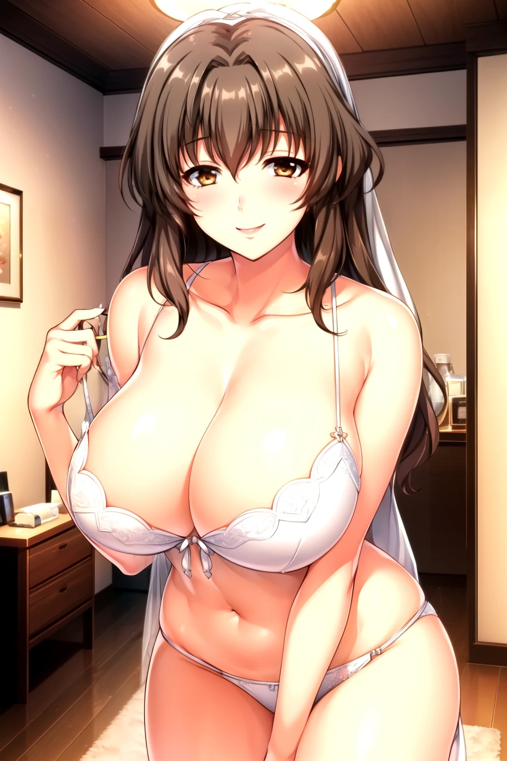 white bra, white lace, white panty, bride, veil,Shoulder, clavicle,Brown_hair,Brown_Eye,Bangs,hair_OK,
1 girl, 20 years old,Mature female,beautiful Finger,beautiful long legs,beautiful body,beautiful Nose,beautiful character design, perfect Eye, perfect Face,
Looking at the audience, (Innocent_Large target_Eye:1.0),smile, happy national foundation,Official Art,Extremely detailed CG unity 8k wallpaper, Perfect lighting,rich and colorful, bright_front_Face_light,
(masterpiece:1.0),(最OK_quality:1.0), 超high resolution,4K,Extremely detailed,
photography, 8K, HDR, high resolution, absurd:1.2, Kodak Portra 400, Film Grain, Blurred background, Bokeh:1.2, lens flare, (Energetic_color:1.2)
(beautiful,Large target_breast:1.4), (beautiful_Face:1.5),(narrow_waist),