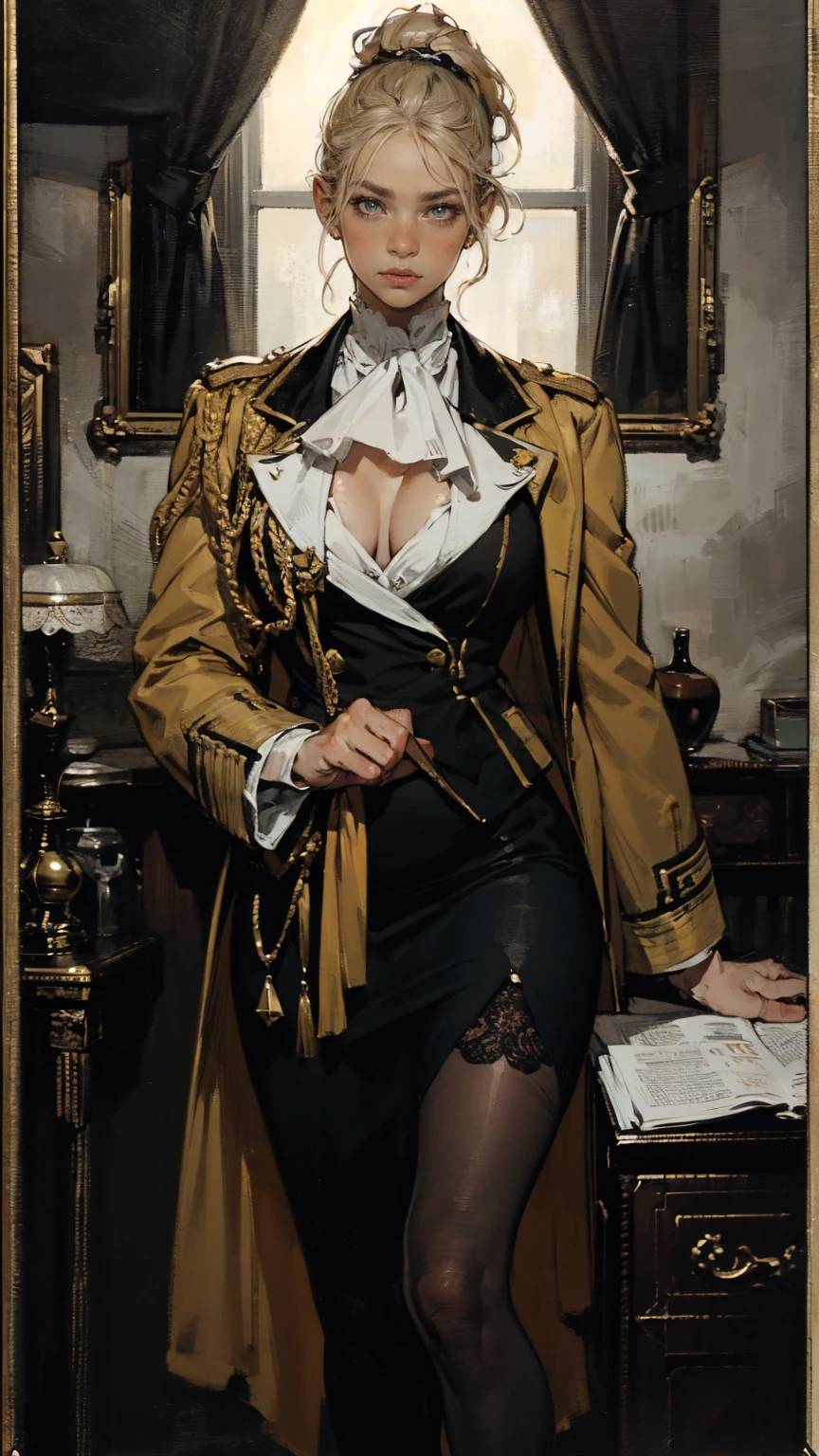 (best quality, 4K, high resolution, masterpiece, very detailed, realistic anatomy, realistic:1.37), Arape attractive young woman, senior military officer, (Wearing Prussian Hussar uniform), (Light gray double-breasted blazer jacket), (black pencil skirt), Prussian Death Head Cap, black stockings, heel boots, blonde hair, high-ponytail Hairstyle, stand confidently, This full-length portrait captures her power and authority., Keen focus on details and intimidating eyes, The image evokes an aura of discipline and respect.., Set with military background,